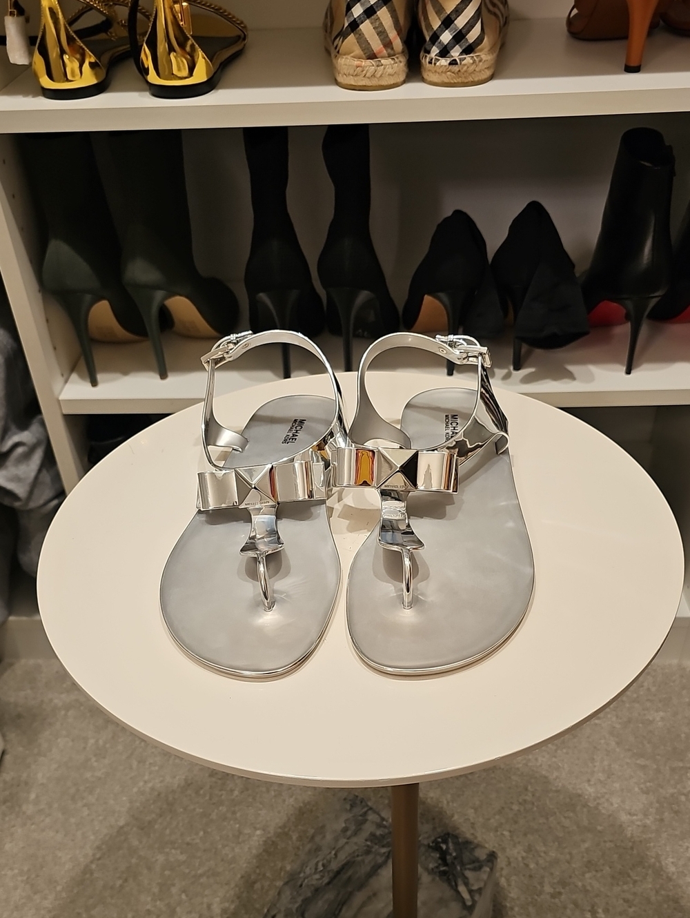 Michael Kors Metallic Silver Bow T-Strap Sandals
